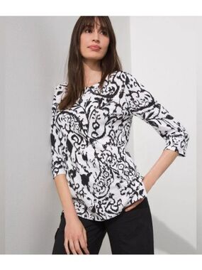 Chicos Textured Slub Knit Floral Shirt Medium 1 Black White Back Button Detail